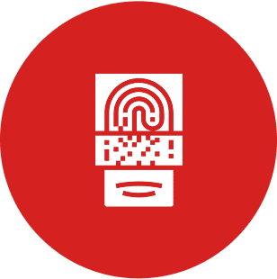 Fingerprint and QR code in red circle.