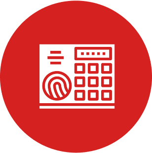 Fingerprint and keypad security icon on red.