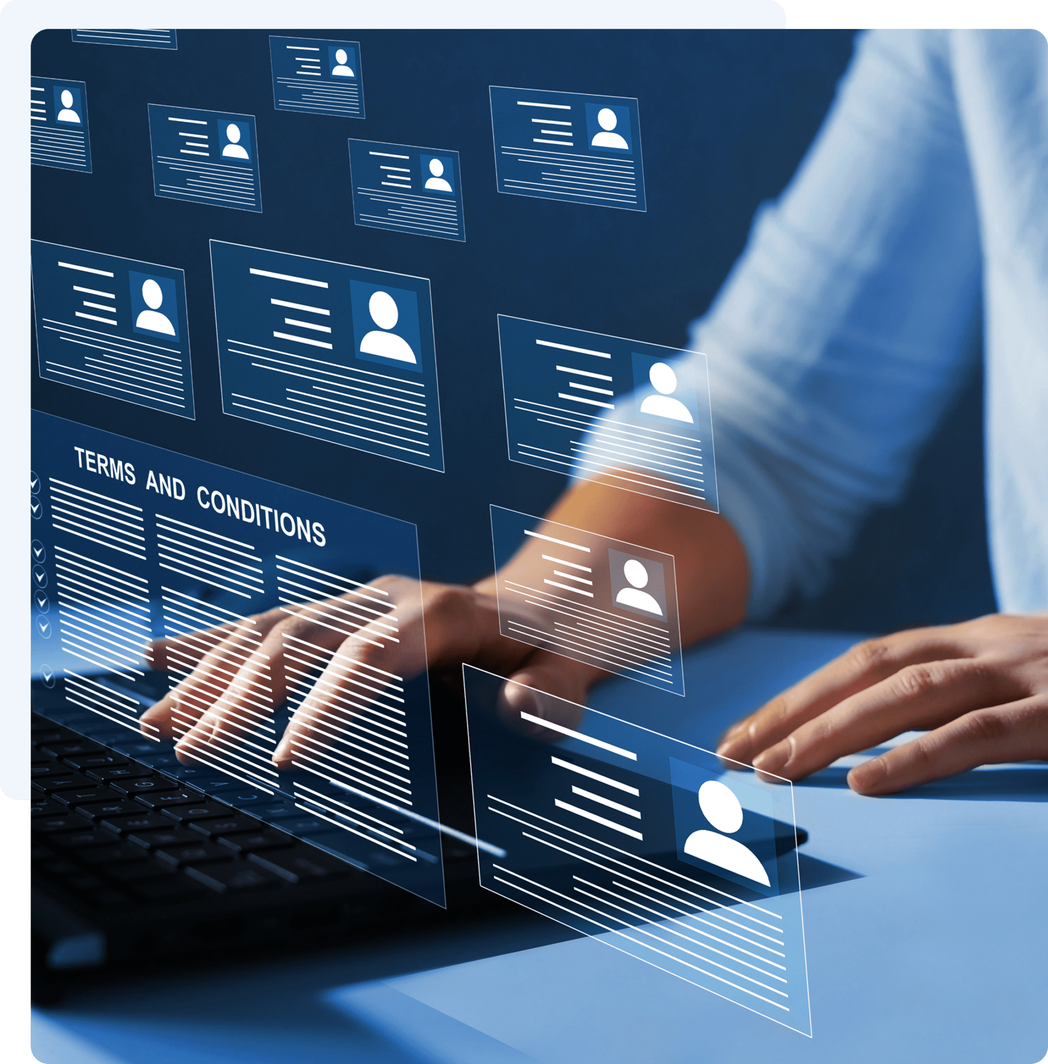 Person typing with digital interface overlays.