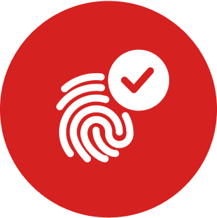 Fingerprint icon with checkmark in red circle.
