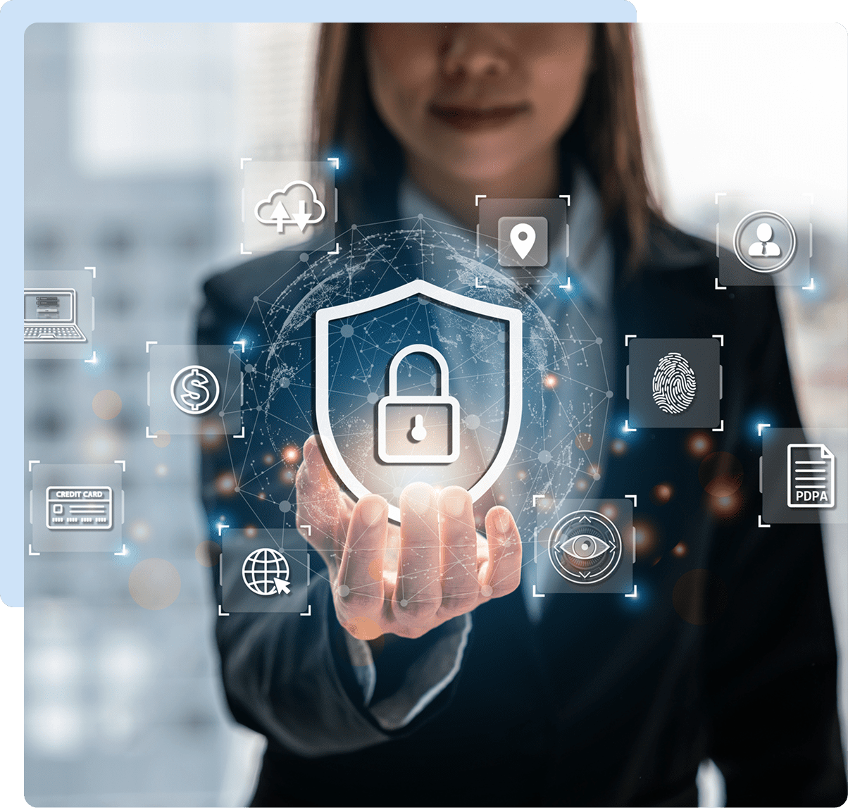 Person holding digital security icons hologram.